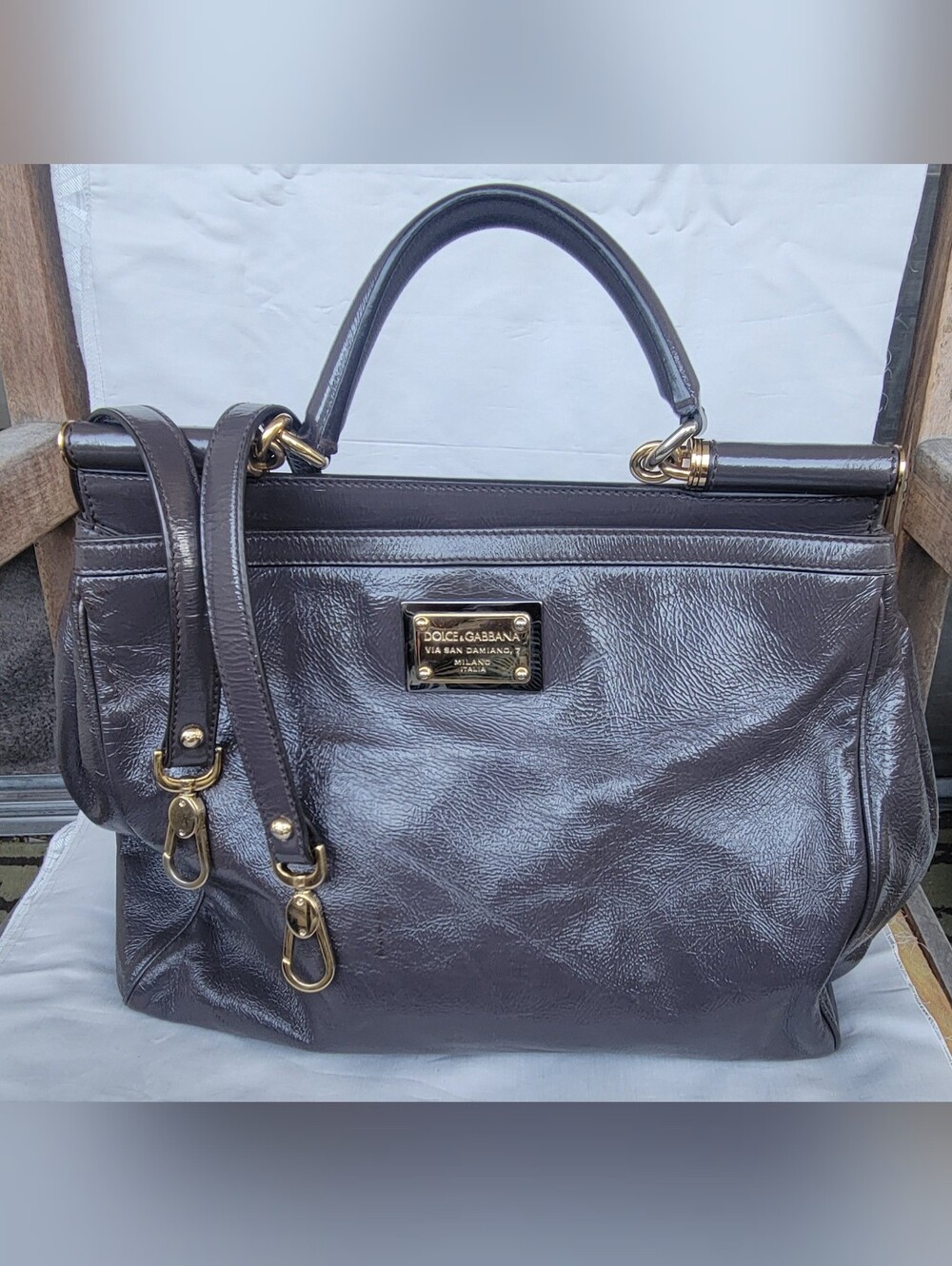 Dolce & Gabbana Glossy Gray Patent Satchel with Gold Hardware